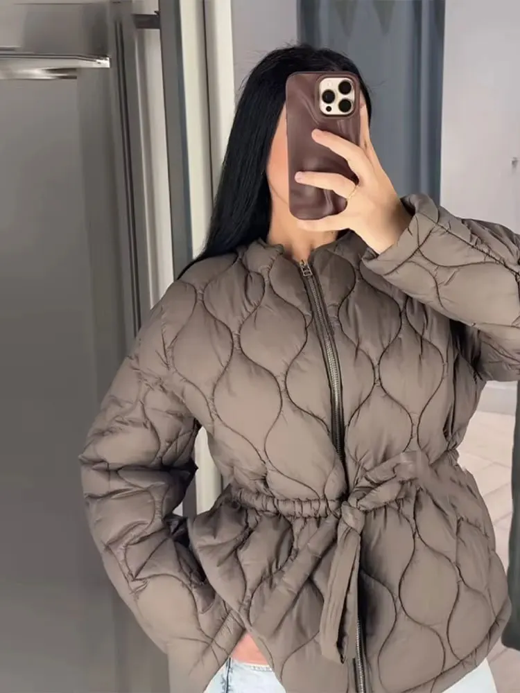 HH Women Casual Solid Quilted Zipper Coat Long Sleeve O Neck Belts Jacket For Woman Commuting Autumn Winter Warm Outwear