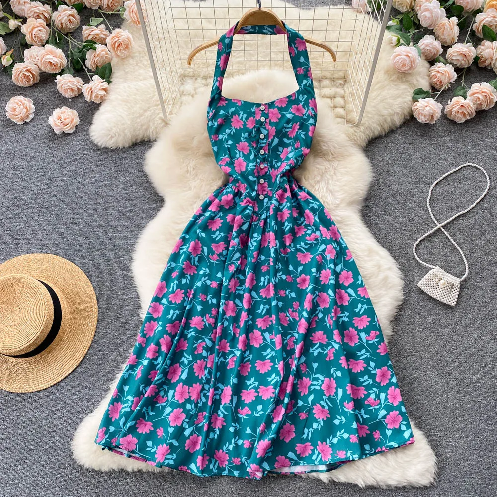 

Bohemian 1960s halter neck sexy floral print Long Dress Summer Party backless vestidos Women casual elegant tunic beach dress