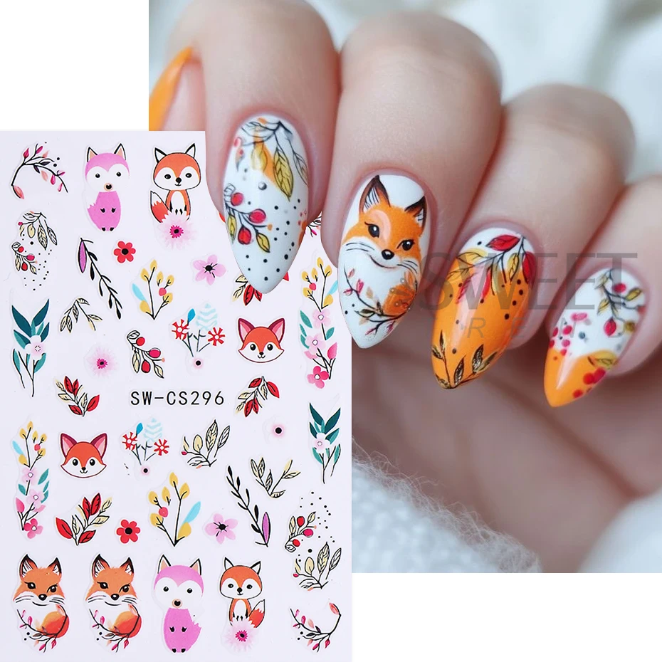 2pcs Cartoon Fox Nail Art Stickers Cute Fox Leaf Flower Nail Decals DIY Adhesive Slider Autumn Design Charms Manicure Decoration
