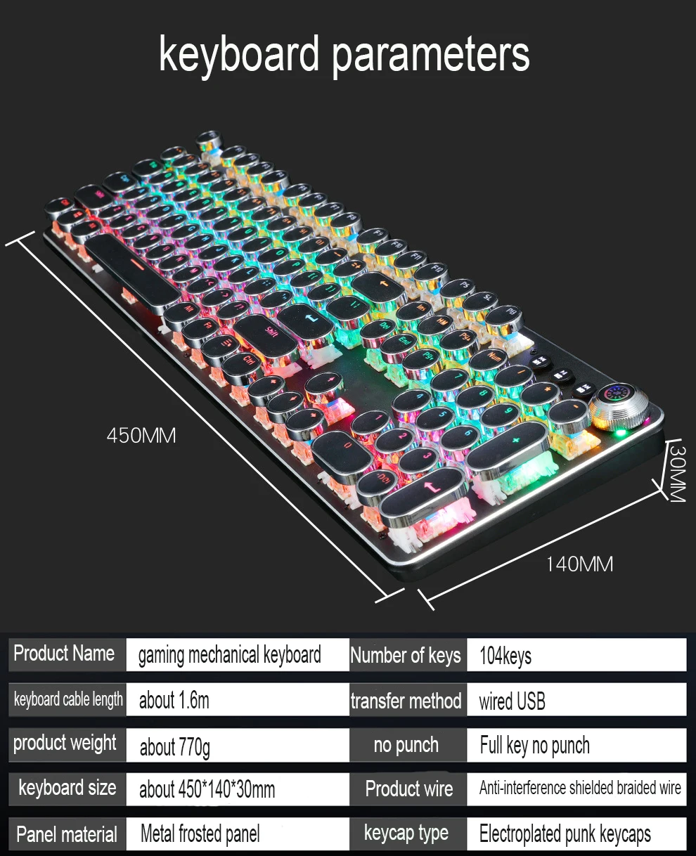 104 šifrovací klíč herní klávesnice retro punková drátová mechanická klávesnice RGB podsvícená klávesnice počítač esport periferie ploše klávesnice