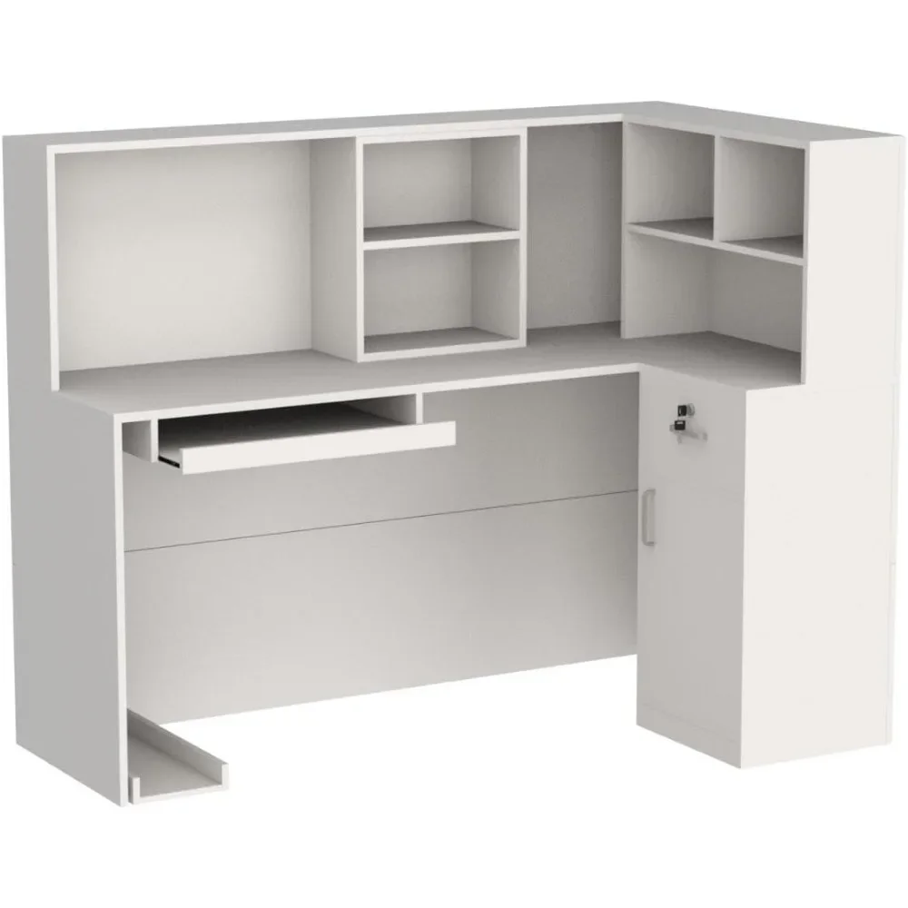 Reception Desk L-Shaped Office Desk with Counter, 1 Door Storage Cabinet, 1 Lockable Drawer, Hutch Shelf & Keyboard Tray