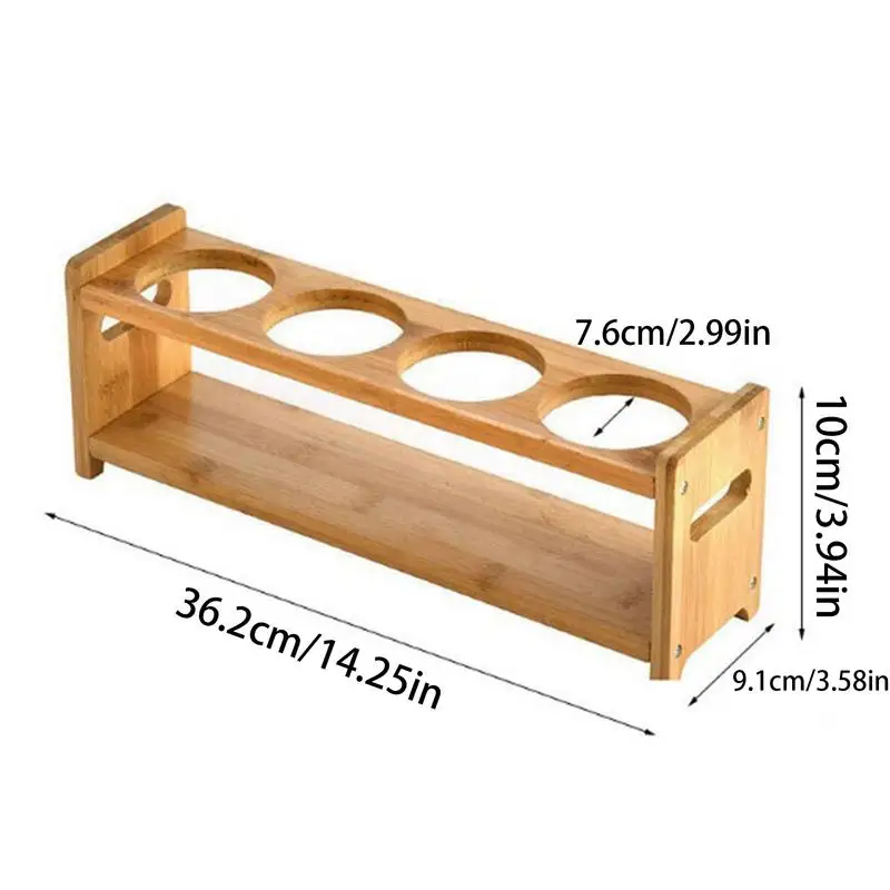 Seasoning Rack For Countertop Double-Layered Tray Holder Wine Glass Wooden Organizer Rack 4 Holes Seasoning Storage Rack Shelf
