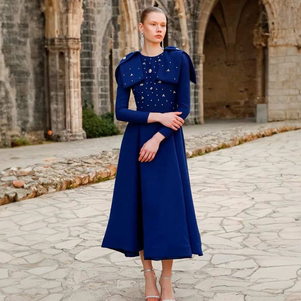 High Quality Sparkle Exquisite Jersey Beading Draped Pleat Celebrity A-line O-Neck Bespoke Occasion Gown Midi Dresses