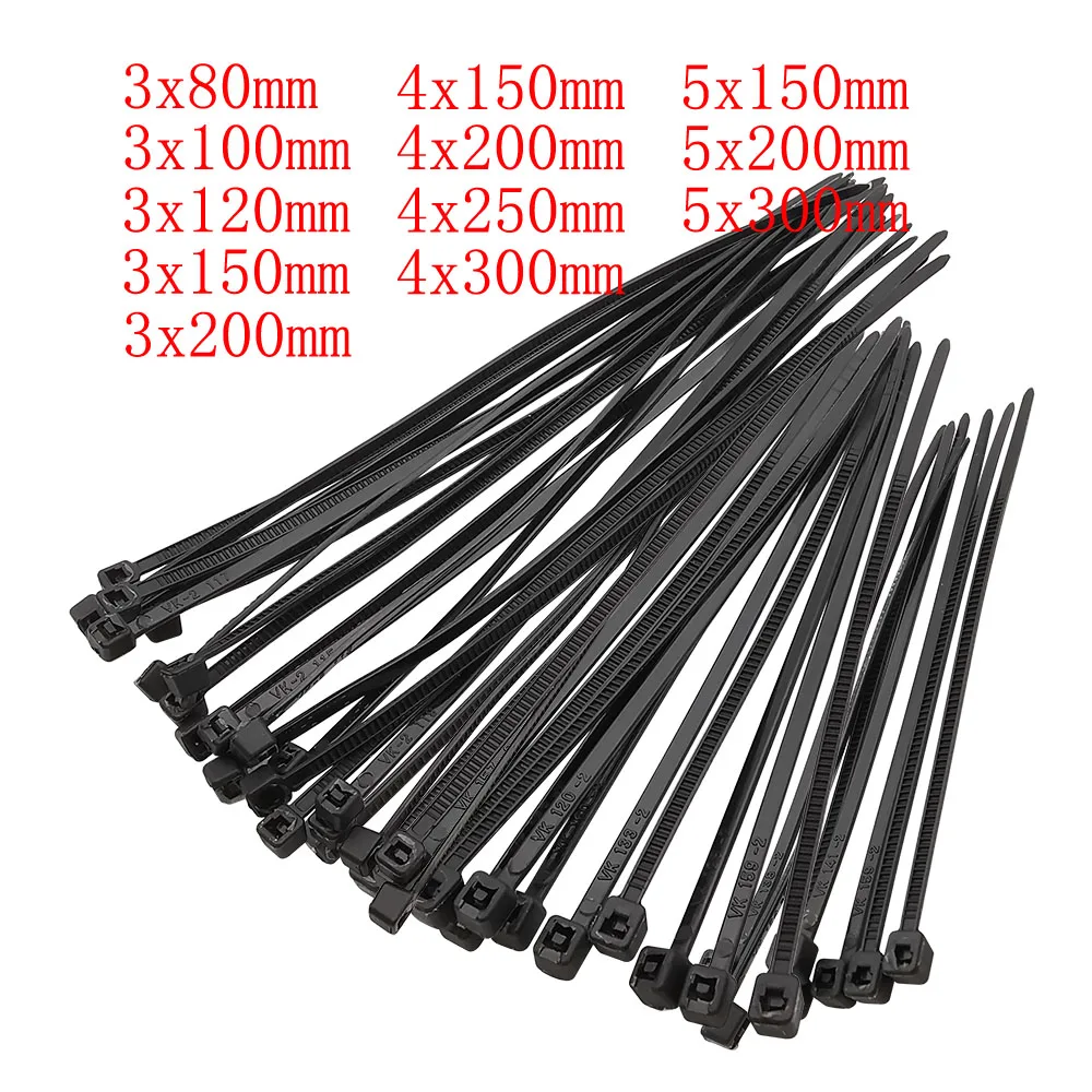 Cable Ties Nylon Cable Ties Cable Tie Nylon Zip Ties 100Pcs Black Cable Ties Self-locking Plastic Nylon Wire Cable Zip Tie Clamps Assorted Size Fastening Ring 3x80mm 4x150mm 5x200mm