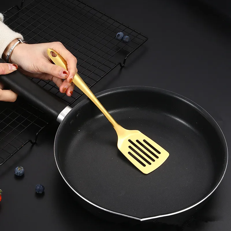 Gold Stainless Steel Kitchen Cooking Utensils Sets Frying Spatula Soup Spoon Long Handle Gadget Kitchen Accessories