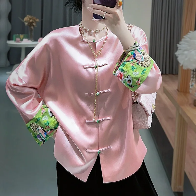 

High-end Satin Acetate Women Jacket Top Embroidery Tang Suit Elegant Lady Loose Coat Female S-XXL