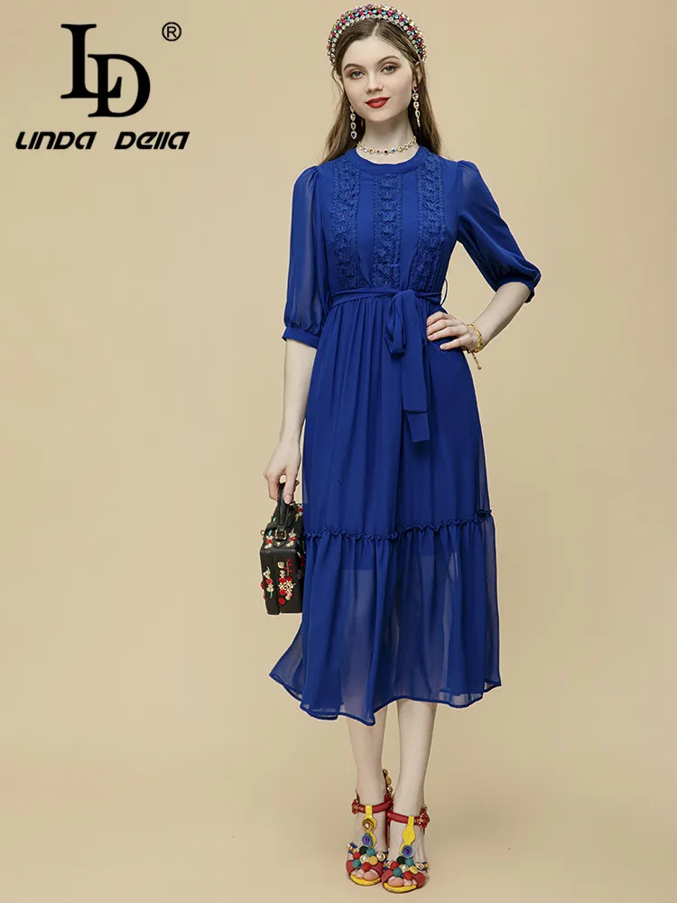 

LD LINDA DELLA 2023 New Fashion Runway Summer Dress Women O-neck Luxury Butterfly Lace Belted High waist Blue Midi Dress