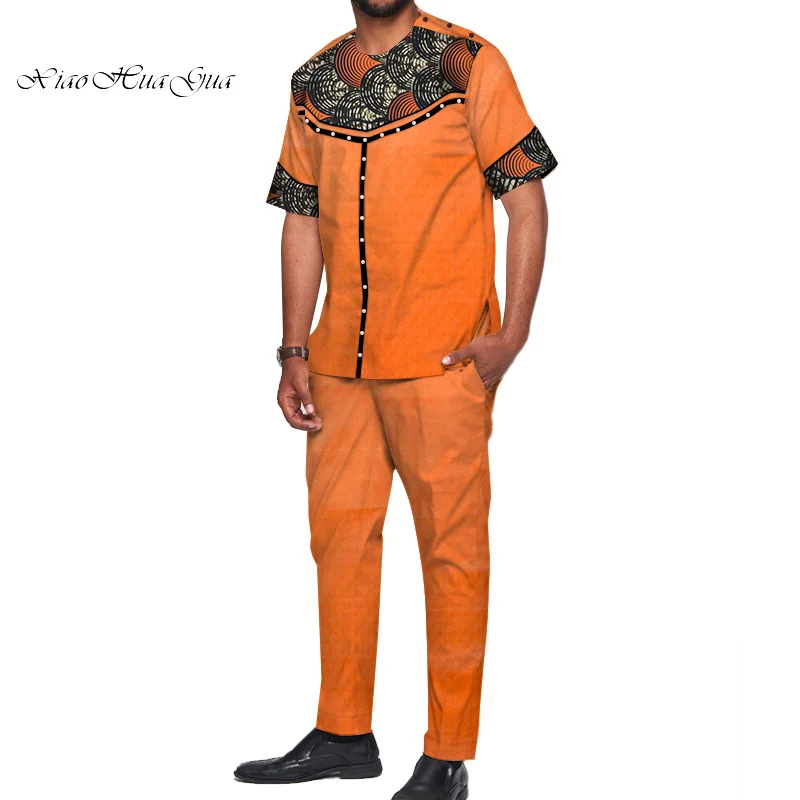 African Design Clothing Casual Men Jacquard Top Shirts and Pants Sets Bazin Riche Print Pearls 2 Pieces WYN722 | Тематическая