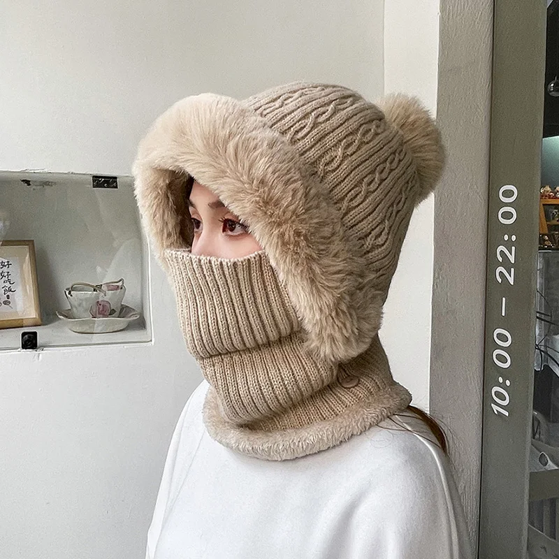 Winter Warm Fleece Lined Mask Beanies With Hairball Knitted Balaclava Hats Outdoor Cycling Windproof Hooded Neck Gaiter