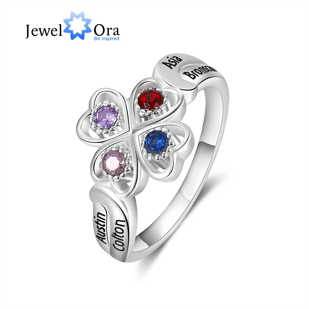 

Personalized Flower Ring with 4 Birthstone Custom Name Floral Heart Rings for Women Christmas Gift for Mother Grandma Nana