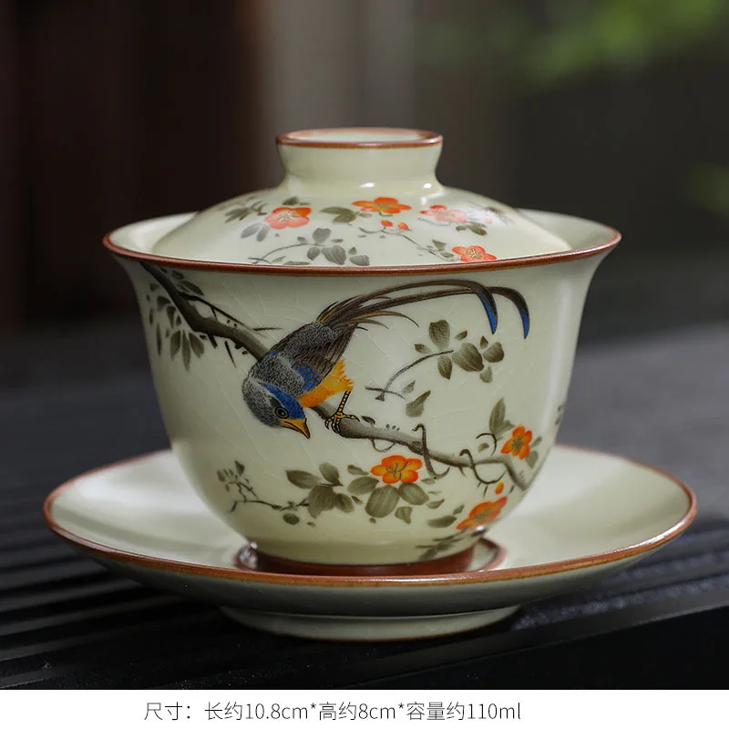 Handmade Ceramic Gaiwan Chinese Teacup Hand-painted Flowers Sancai Tea Tureen Travel Tea Bowl Porcelain Teaware Set Accessories tea set