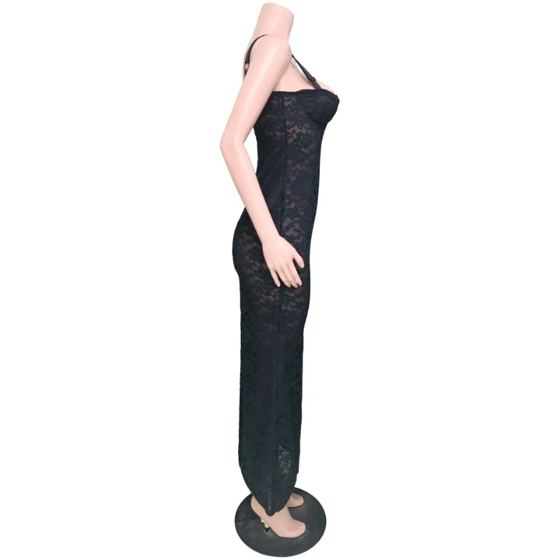 Lace Black Dress Female Slim Hollow Out Spaghetti Backless Dress Elegant Party Evening Gown Split Women Maxi Dress Summer