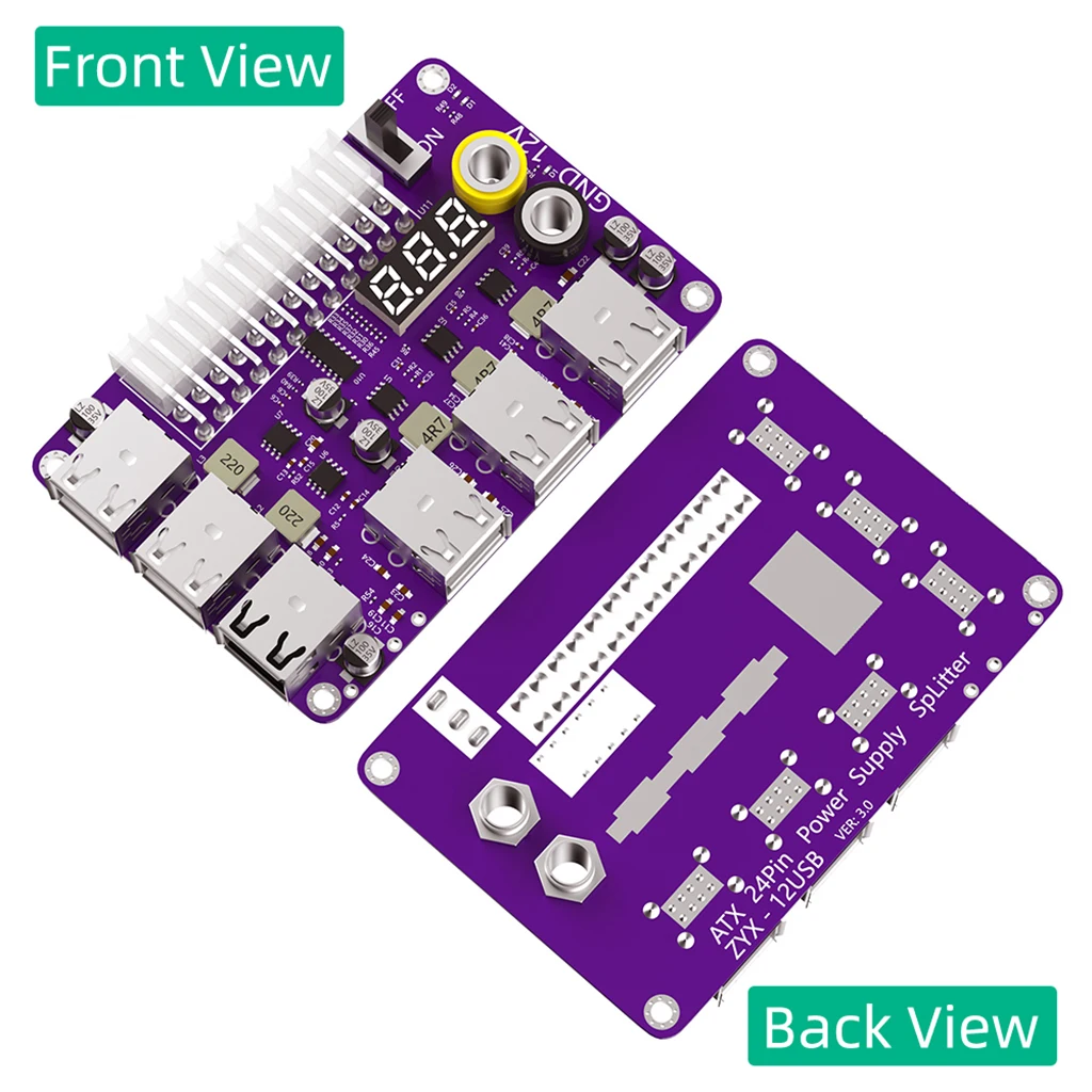 아크릴 케이스 키트가 있는 ATX 24 핀 전원 공급 장치 브레이크아웃 보드, 3 자리 LED 디스플레이, 12 포트 USB 2.0, QC 2.0, 3.0, 12V 출력