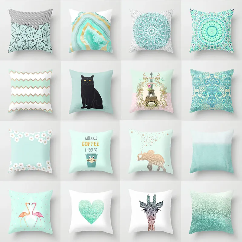Simple Mint Green Pillow Cover Geometric Print Cushion Covers Sofa Car Cushion Cover 45x45cm Decorative Throw Pillowscase