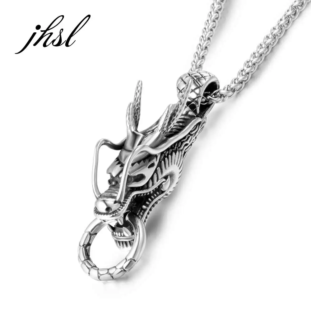 

JHSL New Men Chinese Loong Dragon Pendant Necklace Stainless Steel Silver Color Fashion Jewelry Gift Dropship