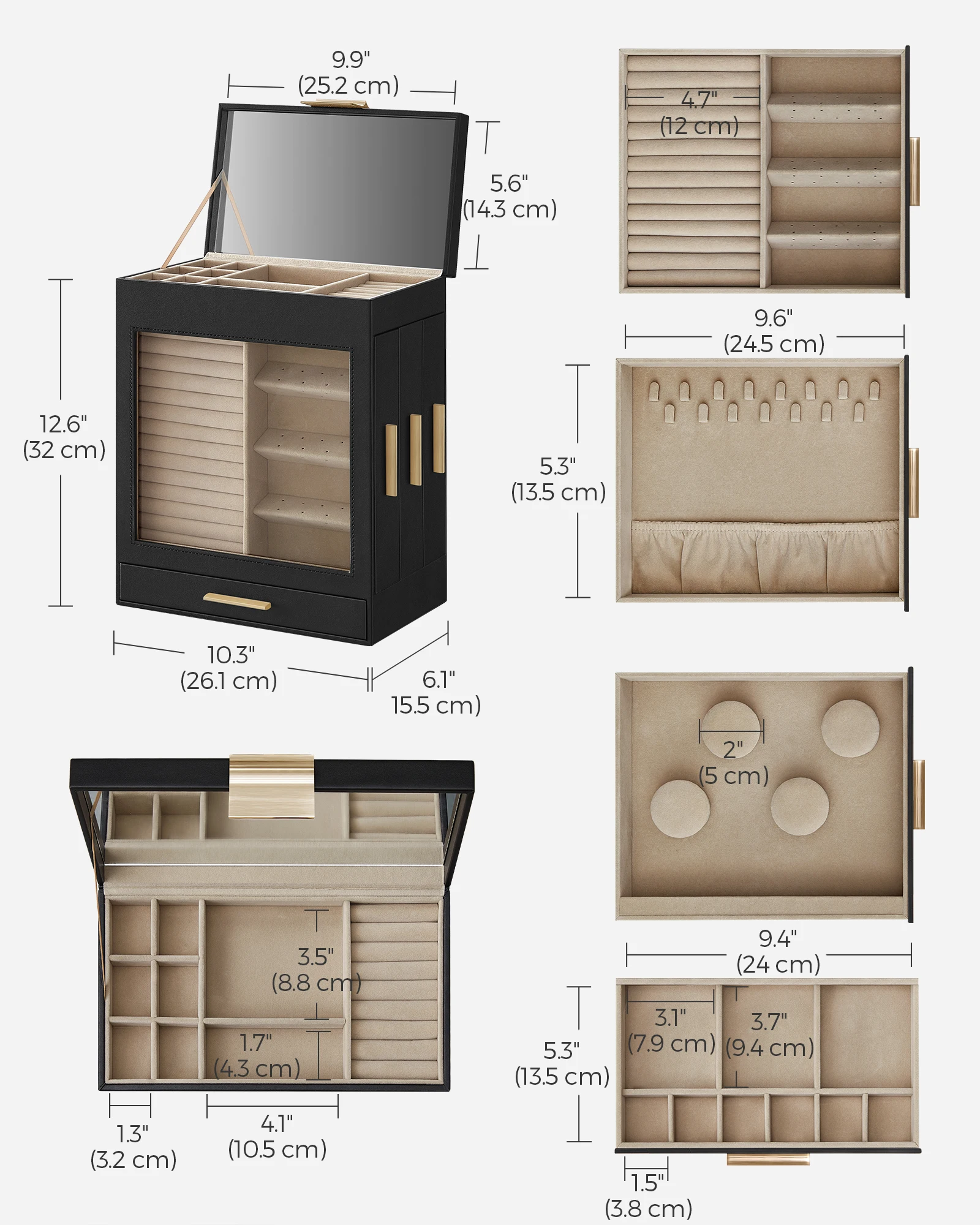 SONGMICS Jewelry Box with Glass Window, 5-Layer Jewelry Organizer with 3 Side Drawers, Jewelry Storage, with Big Mirror, Modern 3