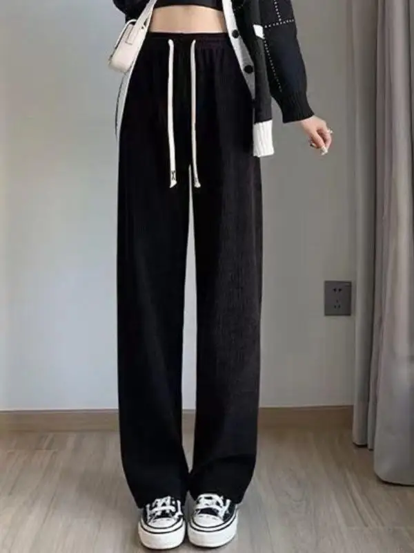 Lamb Fce Lined Casual Thiened Corduroy Wide Leg Pants Women's Autumn Winter Faion Warm Straight Cut Trousers