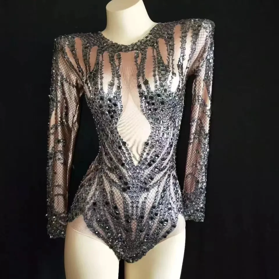 

Performance Outfit Costume Shinny Black Crystals Nude Bodysuit Party Celebrate Rhinestones Stretch Leotard Stage Dance Wear