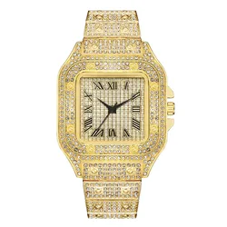 Elegant Men's Steel Strap Square Roman Rhinestone Quartz Watch (Gold)