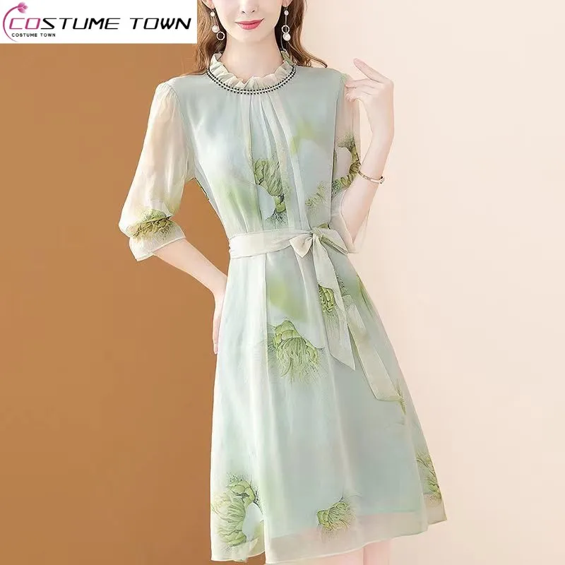 

Chiffon Printed Dress for Women Spring/Summer 2023 New Style Diamond Inlaid Fashion Reducing A-line Skirt Trend