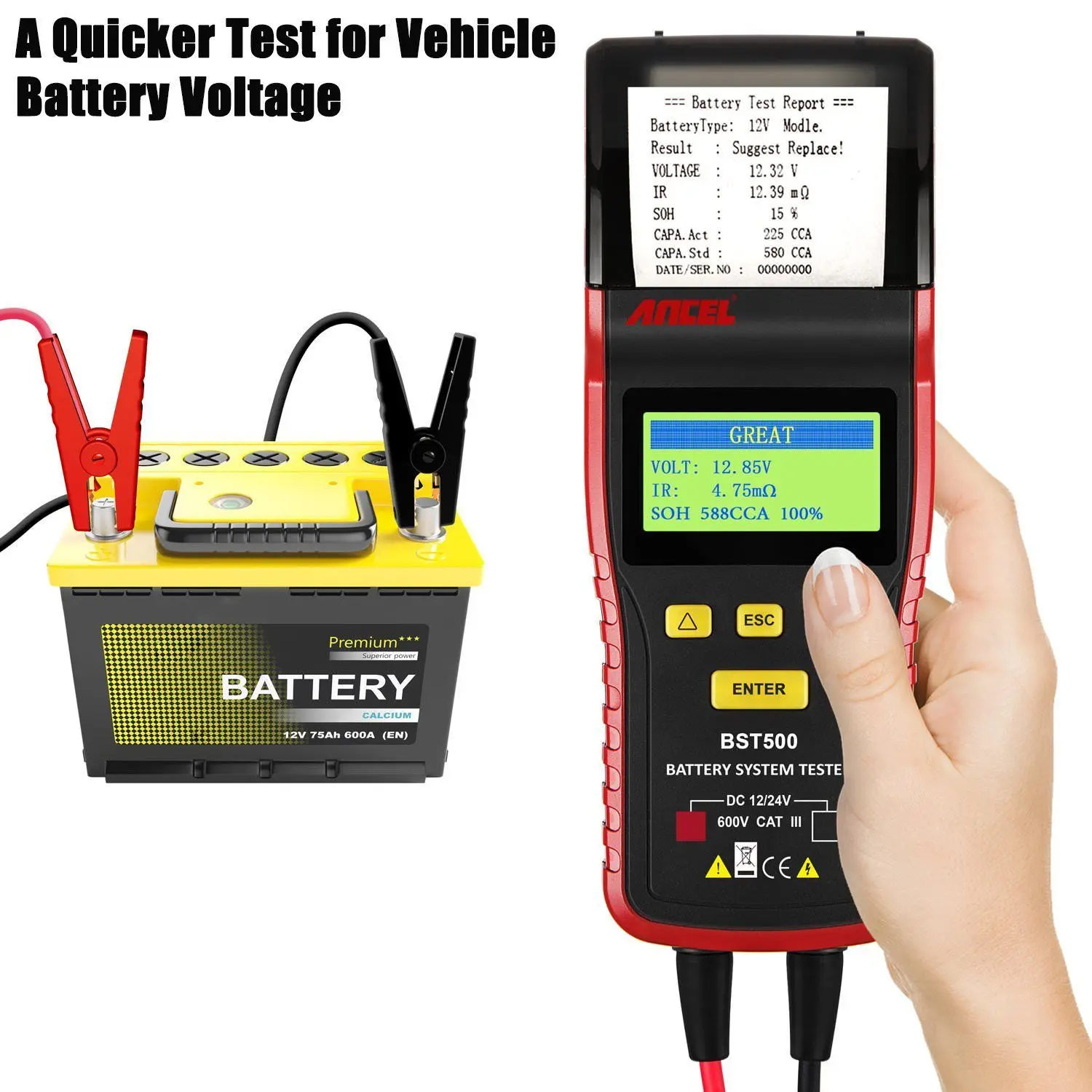 12V/24V Car Battery Tester ANCEL BST500 Automotive Battery Load Tester Cranking Charging Analyzer with Printer Diagnostic Tool