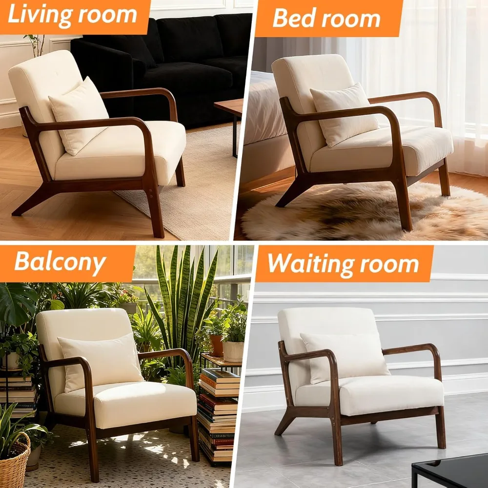 Modern Accent Chair, Cotton Linen Upholstered Lounge Armchair with Solid Wood Frame for Living Room