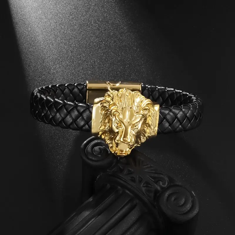 Moda Prepotente Catena In Acciaio Inossidabile Di Alta Qualità Color Oro Testa Di Leone Bracciale Punk Da Uomo Regalo Di Gioielli