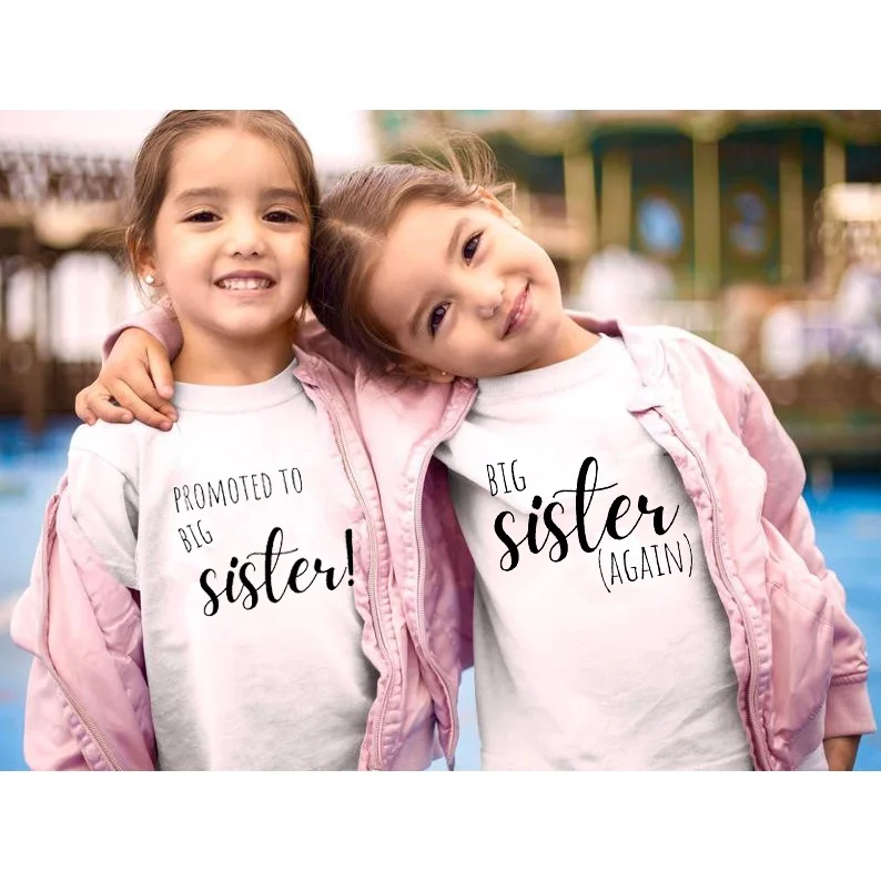 Funny Promoted To Big Sister (Again) Letter Tshirt Kids Girl T-Shirt WhiteT Shirt Children's Clothes Summer Top Tees 3-13Y |