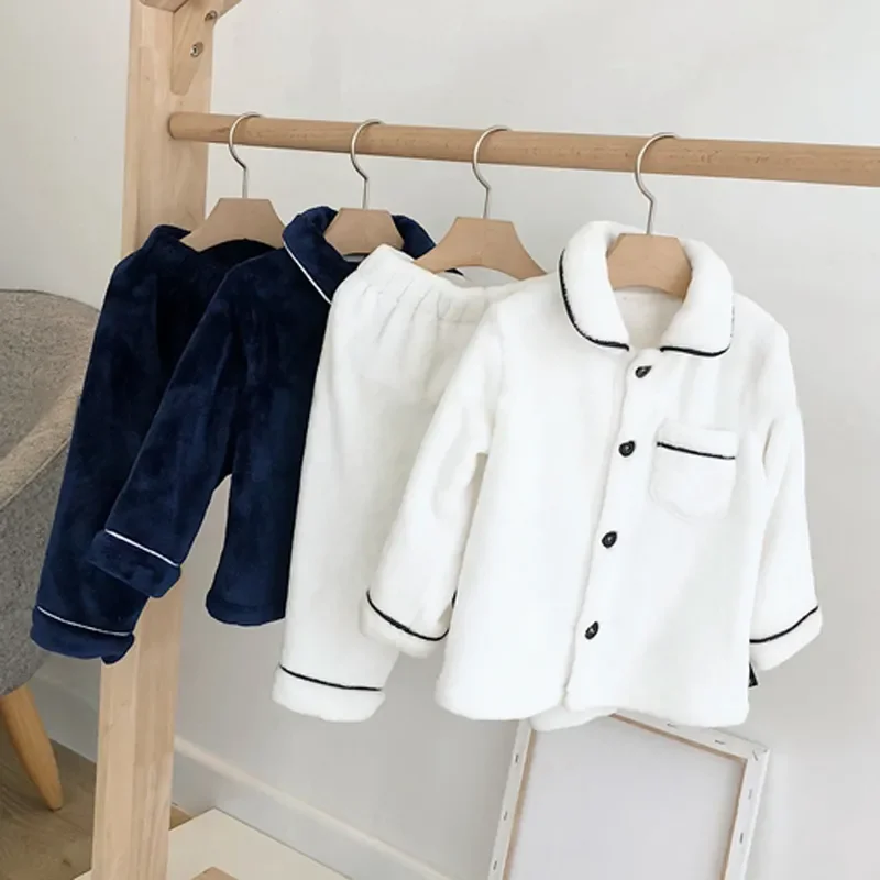 

Winter Kid White Navy Blue Lapel Cardigan Pajamas Set Baby Boys Flannel Coral Fleece Warm Clothes Thick Toddler Girls Home Sets