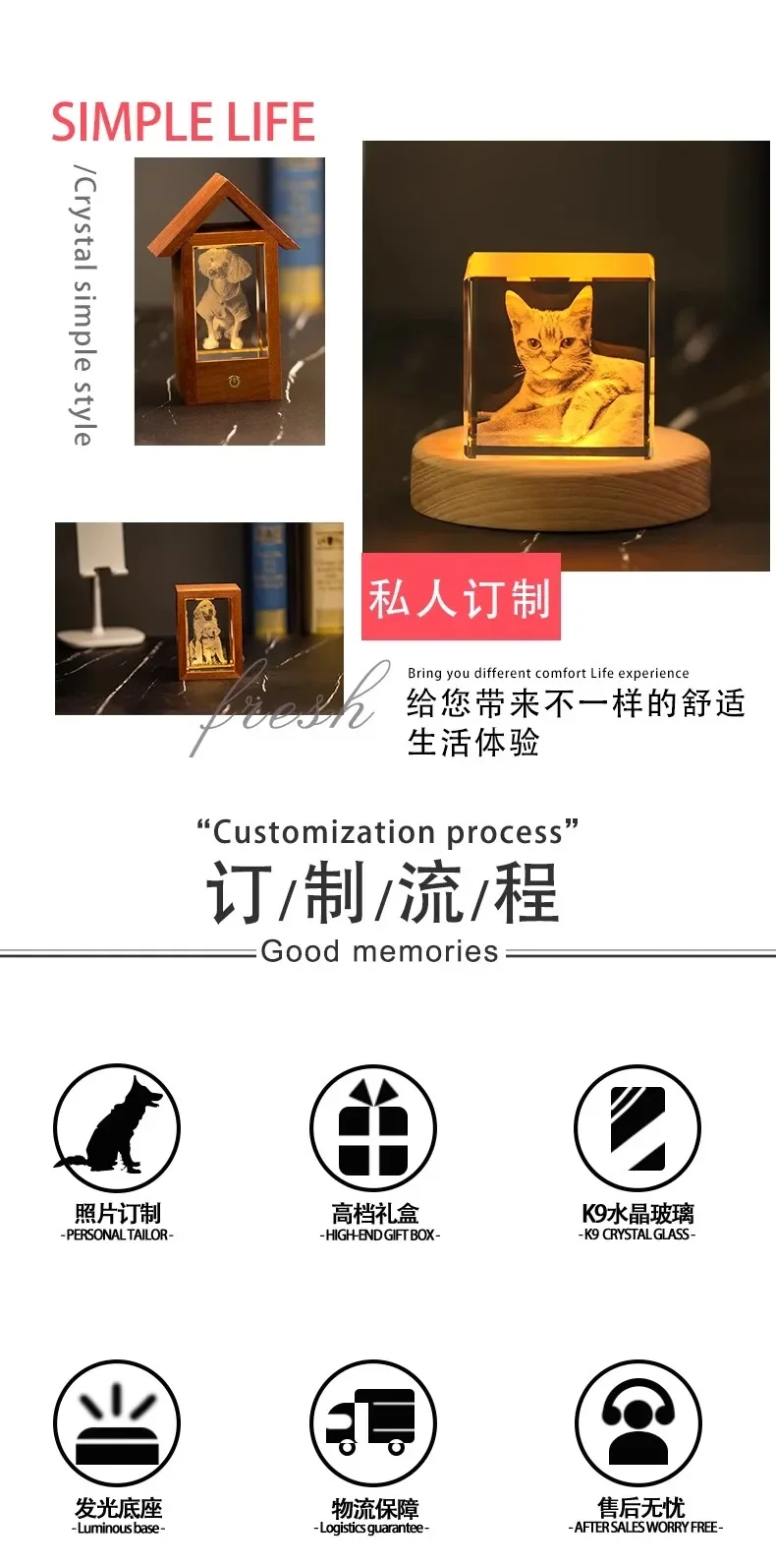 Pet Souvenirs Photo Luminous Frame Small House Crystal 3D Internal Sculpture Funeral Ashes Cats Dogs