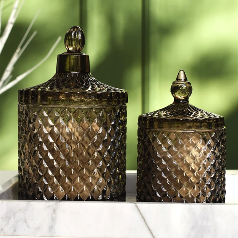 Dark Grey Crystal Glass Storage Jar with Cover Canned 600ML Diamond Cans Sugar Cotton Swab Box Household Organizer Decoration 3