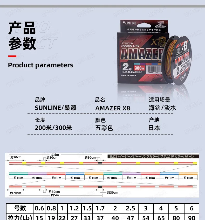 2025 SUNLINE AMAZER X8 JIGGING Angelschnur 200m/300m # 1.5- # 5 33LB-80LB ULTIMATE PE-Leine Japanische Meeresfischerei-Leine – Detail 2