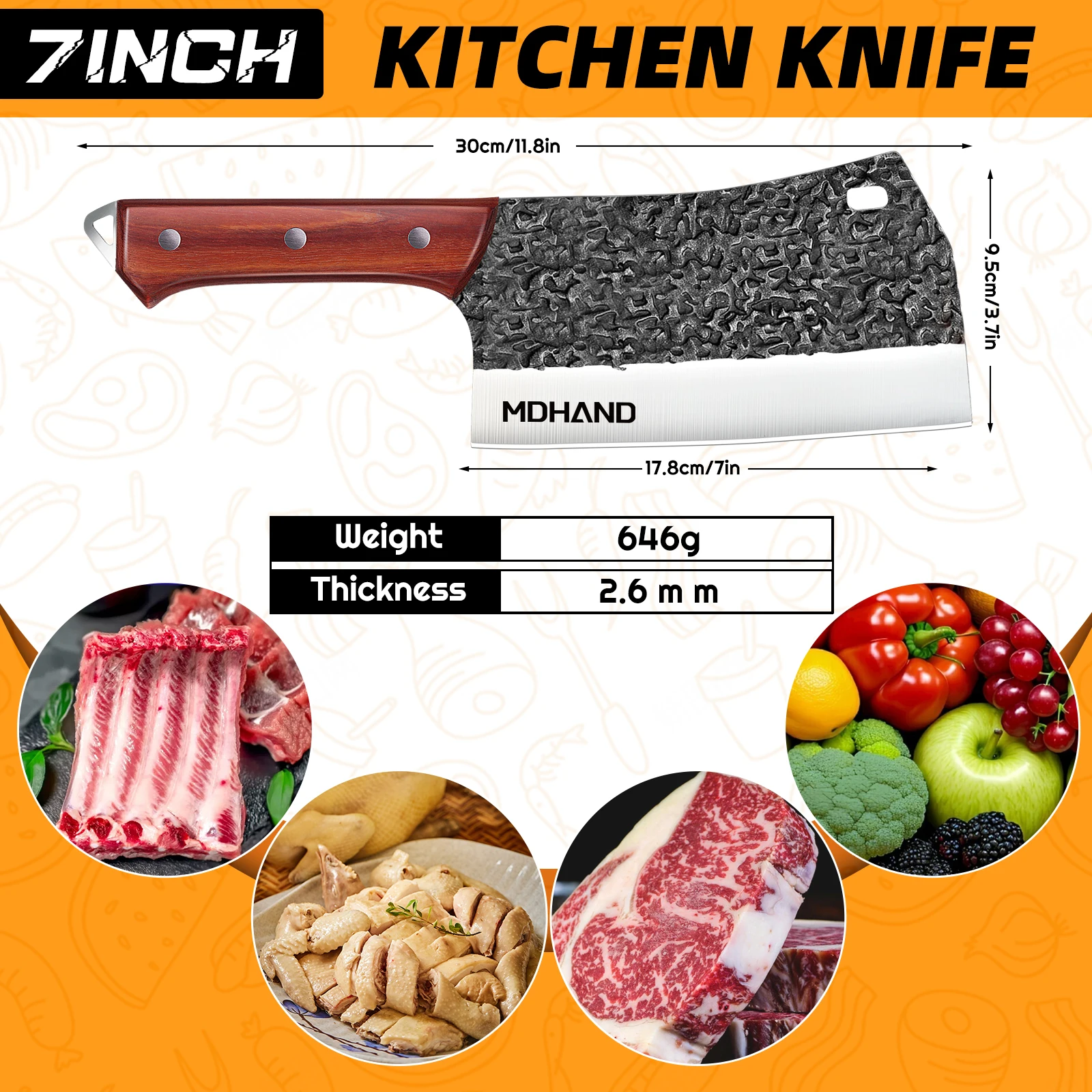 DFITO Geschmiedetes, gehämmertes, stonewashed Fleischbeil aus Kohlenstoffstahl, Küchenmesser mit ergonomischem Griff und Scheide, Geschenkbox – Detail 10
