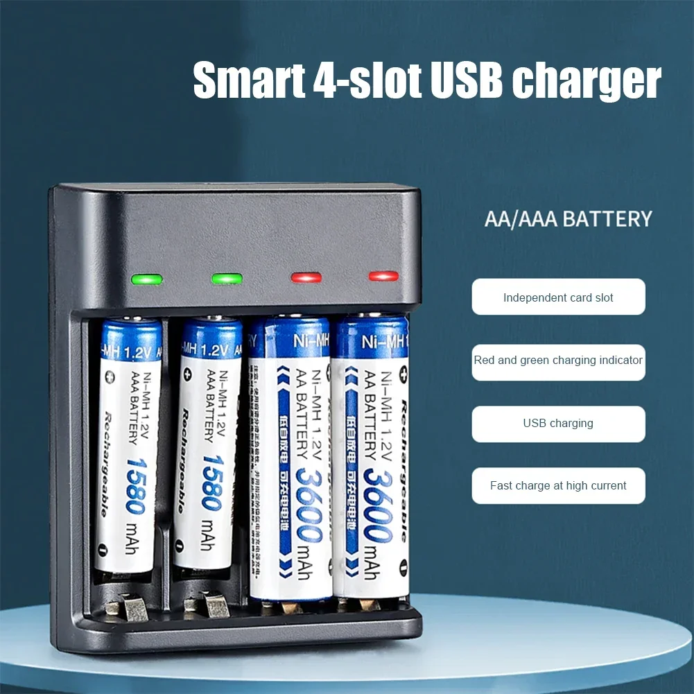 지능형 고속 USB 배터리 충전기, LED 표시기 충전기 포함, AAA/AA 충전식 Ni-MH/Ni-Cd 배터리용, 8 슬롯