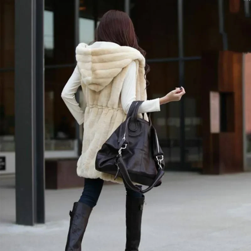Beige Faux Fur Vest Winter Autumn Artificial Thick Warm Fur Vest Black Sleeveless Hood Slim Long Coat Office Lady Fashion Jacket