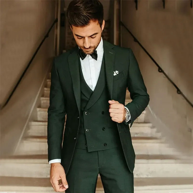 Army Green Groom Tuxedo Male Suit Party Suit Slim Fit Business Casual Jacket Sets 3 Piece (Blazer + Vest + Pants) Costume Homme Luxe