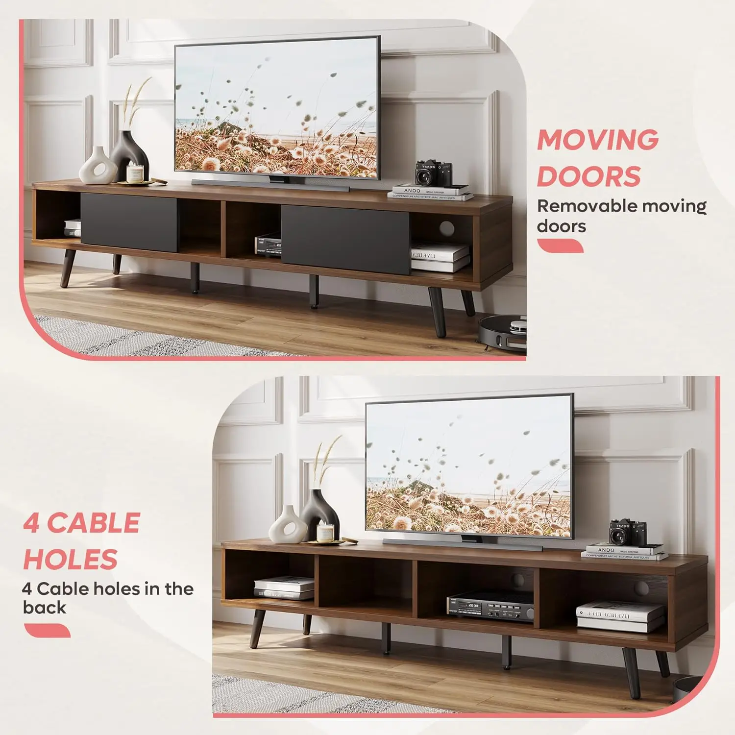 inch Mid Century Modern TV Stand for 75 inch TV, Low Profile TV Stand with Storage, Entertainment Center for Living Room, Cord M