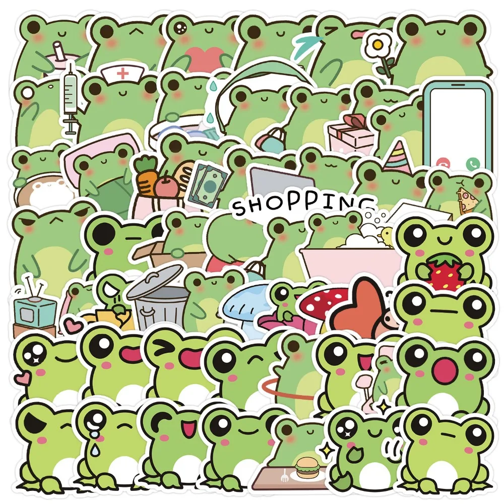50pcs Cartoon Frog Stickers Cute Little Green Frog Funny Stickers Scrapbook Water Bottle Stationery