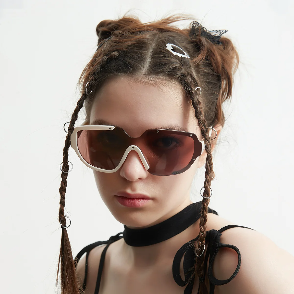 

Trendy Rivet Brown Oversize Women Sunglasses Brand Square One Piece Green Shade Eyewear Men Sun Glasses Sunnies UV400 Protection