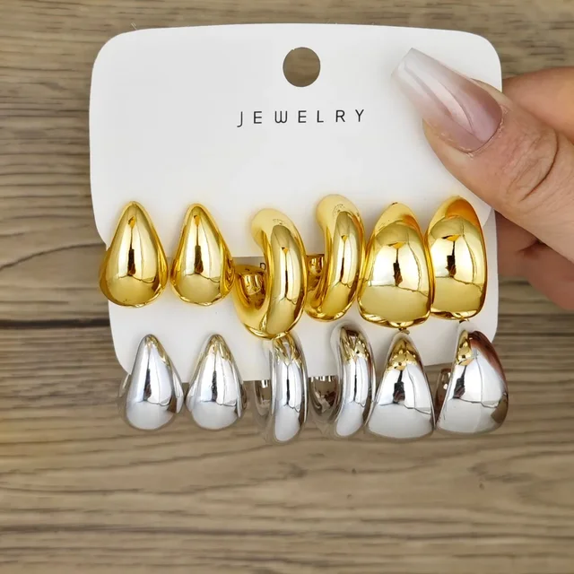 6pcs Chunky Gold Plated Waterdrop Hoop Earrings For Women Minimalist Smooth Thick Circle Drop Earring Lightweight Party Jewelry 1