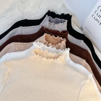 السيدات طويلة الأكمام الصوف مبطن سميكة الدافئة لاعبا 2025 المرأة الشتاء الياقة المدورة سترة الإناث الصلبة Ruched بلوفر مغزول 6