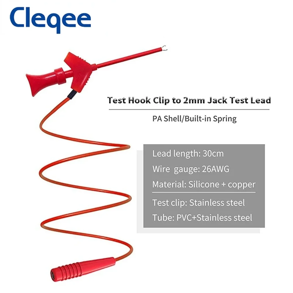 

Cleqee P1511B 2PCS SMD IC Test Hook Clip Test Probe Internal Spring Silicone Cable 26AWG with 2mm Socket for Multimeter 20V/5A