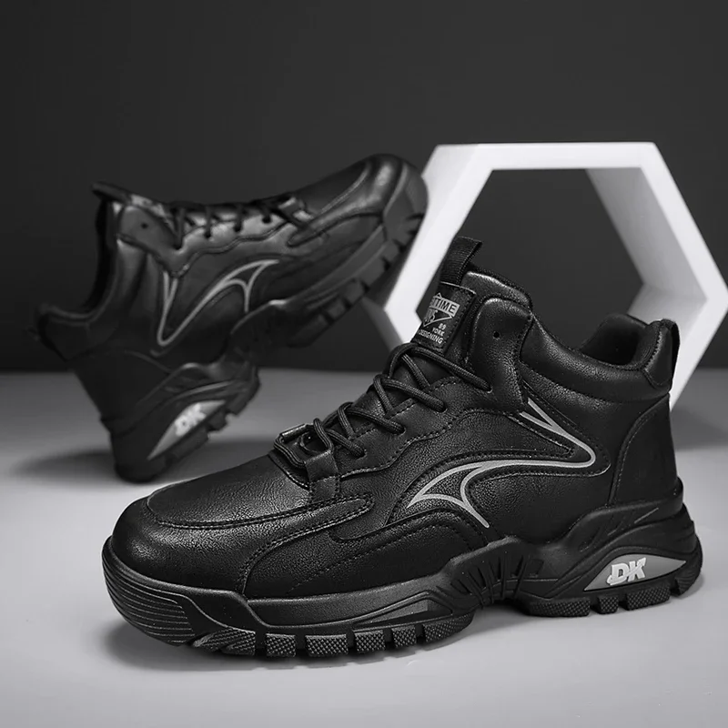 

Черные мужские туфли, Зимние Повседневные кроссовки, кожаные лоферы, рабочая безопасная Спортивная платформа, модные теннисные роскошные дизайнерские ботинки