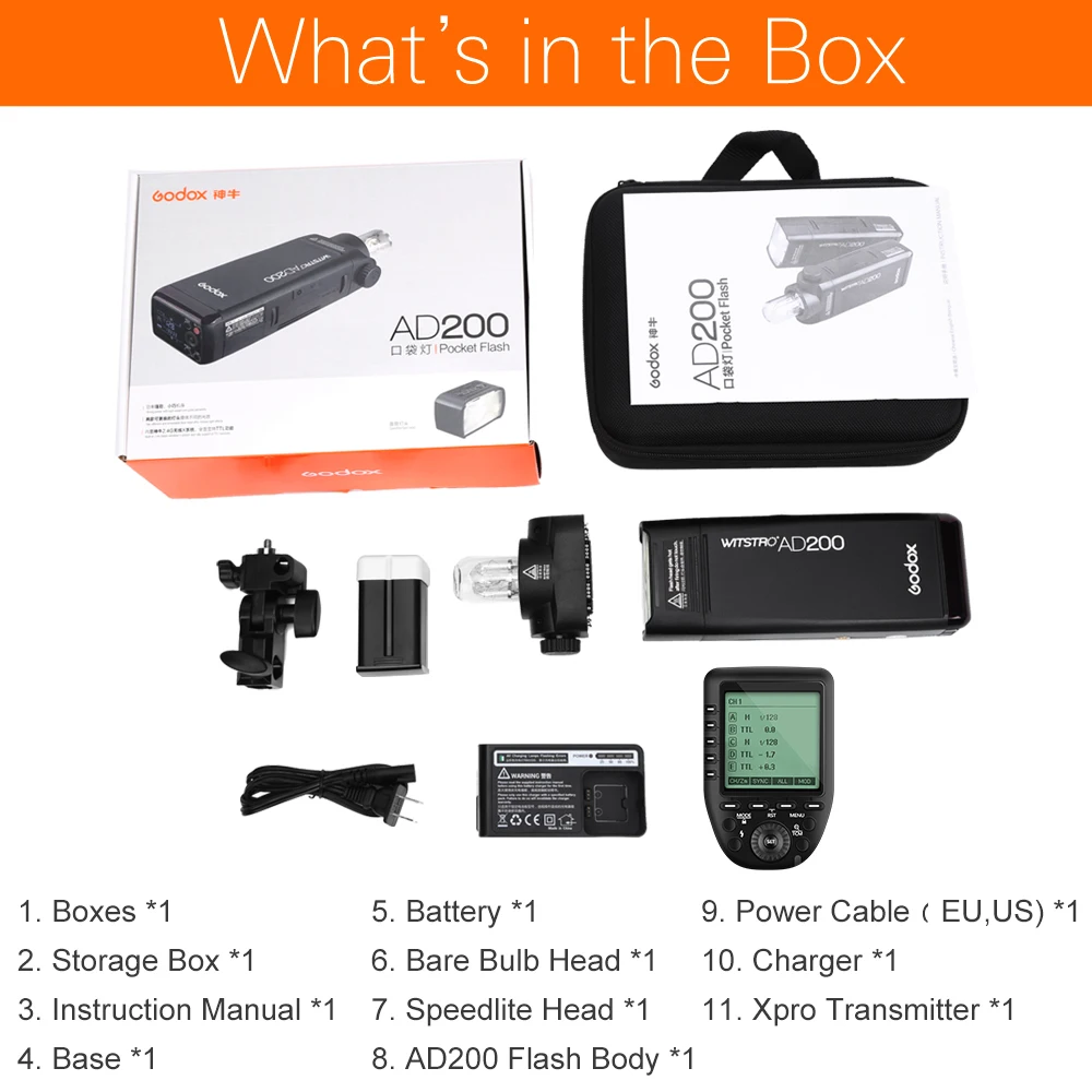 Godox AD200 200Ws TTL GN60 High Speed Sync Pocket Flash + Godox Xpro-C/N/F Transmitter for Canon Nikon Fujifilm Camera