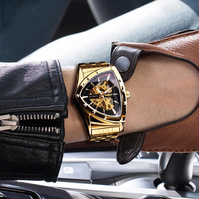 Mechanical Watch Winner Steampunk Swiss Design Mens Double Side Skeleton Transparent Golden Stainless Steel Automatic Mechanical Watch