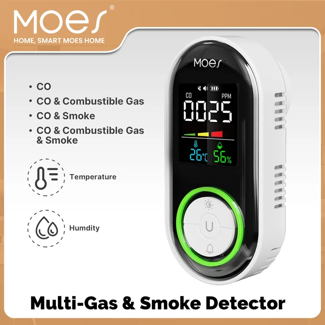 เครื่องตรวจจับควันและก๊าซ MOES CO แบบเสียบปลั๊ก เซ็นเซอร์ตรวจจับก๊าซคาร์บอนมอนอกไซด์ พร้อมไฟเตือน LED แสดงอุณหภูมิ ความชื้น สำหรับห้องครัว โรงรถ หม้อต้ม 1