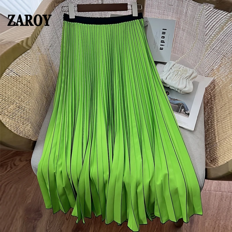 

ZAROY Women Basic Solid Color Pleated Long Skirt Fashion All-match A Line Folds High Waist Skirts Spring Casual ropa femenina