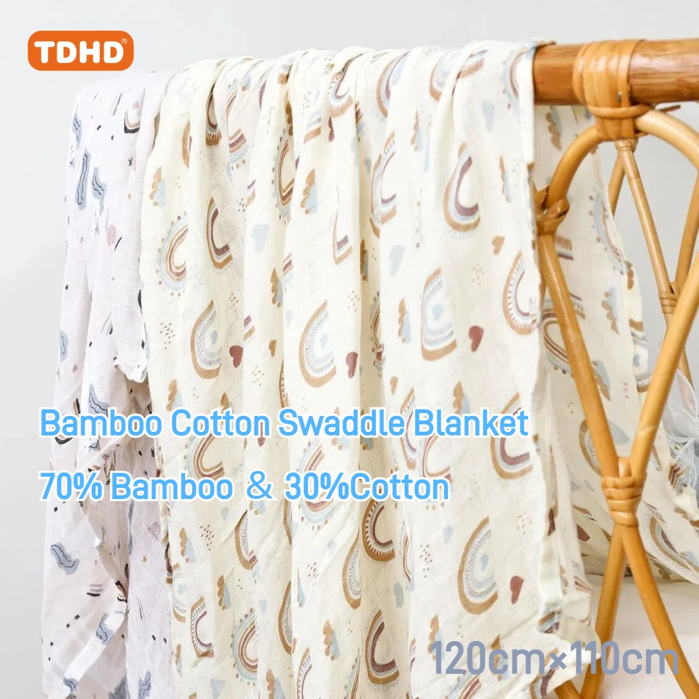 TDHD 120x110cm Bamboo Cotton Baby Muslin Swaddle Blanket Cute Soft Print Baby Towel Wrap