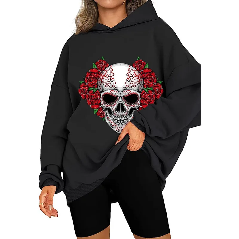 2023 New Women's Spring Autumn Gothic Style Skull Casual Loose Halloween Hooded Sweatshirt Блузка Женская женщины loose длинные рукава мода o шея циппер кошки печать блузка футболка top