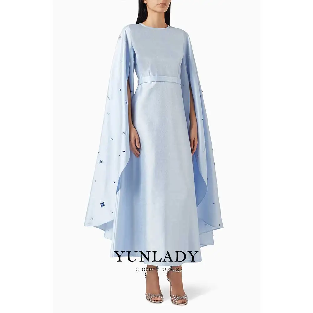 

YUNLAN Sky Blue Saudi Arabia Cape Evening Dress 2024 Luxurious Rhinestone Cape Dubai Women Wedding Guest Formal Party Dress